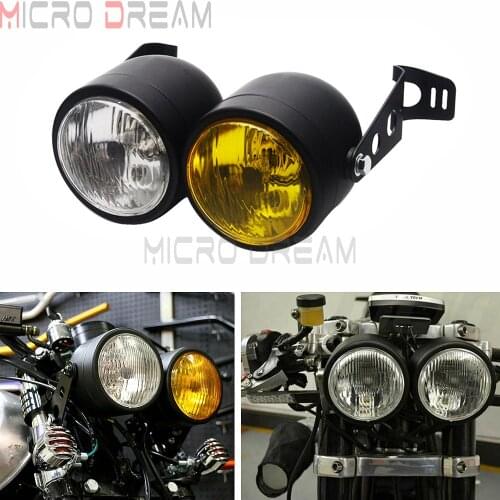 Motorcycle Clear Yellow Lens Two H4 12V 35W Bulbs Dominator Dual Streetfighter Headlights Retro Lighting Lamp W/ Mount Bracket
