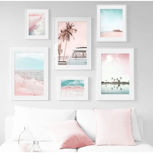 Wall Art Canvas Painting Pink Coconut Tree Surf Beach Old Fashion Car Nordic Posters And Prints Wall Pictures For Living Room