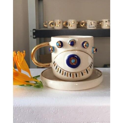 Handmade ceramic authentic original evil eye beaded Turkish coffee Nescafe Yeşilçay cup and pad