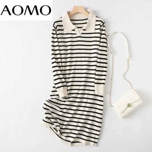 AOMO 2021 Fashion Women Striped Elegant Sweater Dress Loose Long Sleeve Ladies Warm Knee Dress YU105A