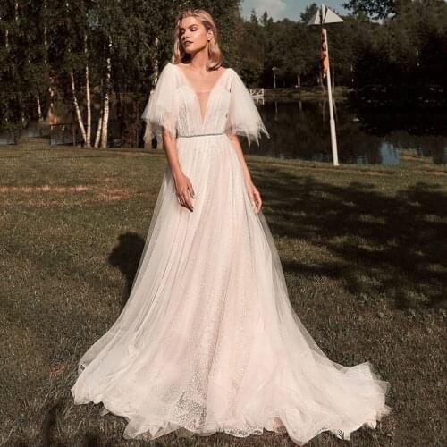 Champagne Turkey Wedding Dresses Tassel Glitter Tulle Bride Dress Beach Boho Wedding Gowns Backless Vestido de Noiva Casamento