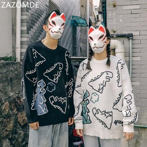 ZAZOMDE Hip Hop Pullover Dinosaur Sweater Cartoon Casual Loose Knitted Pullover Men Autumn Knit Streetwear Sweater Couple Unisex