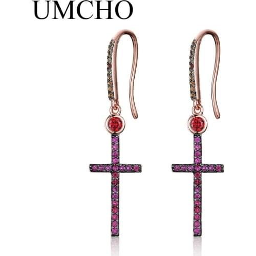 UMCHO Created Nano Ruby Cross Drop Earrings Solid 925 Sterling Silver Earrings For Women Wedding Engagement Statement Jewelry