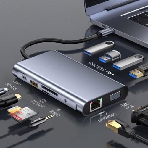 Type C to VGA +RJ45 Gigabit Ethernet 4K HDMI-compatible PD SD TF 3.5mm Audio 1080P For Macbook Pro S8 S9 P20 P30 10 in 1 USB Hub