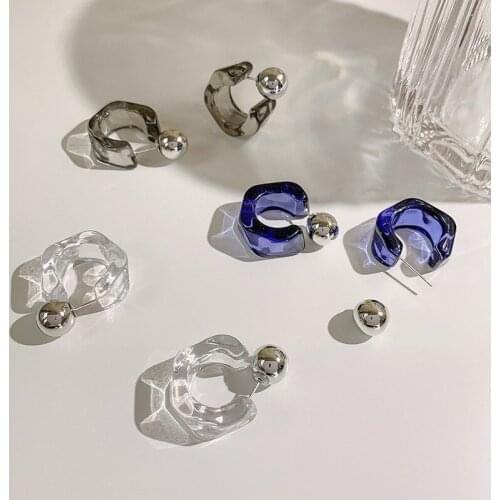 VSnow Minimalist Transparent Geometric Arcylic Hoop Earring for Women Gold Metallic Round Ball C Shape Wide Earring Jewellery