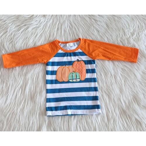 High quality boy fashion pumpkin shirt boy fall embroidery design raglan shirt wholesale boy Halloween t-shirt
