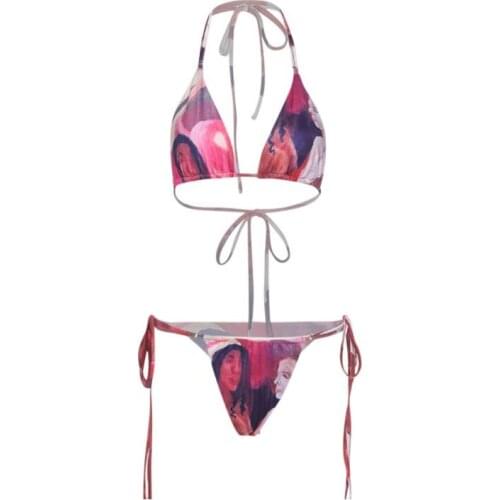 Women’s Sexy Two Piece Bikini Suits Fashion Digital Printed Halter Tops and Bandage Low Waist Thong