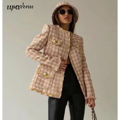 Free Shipping 2021 Fall New Houndstooth Jacket Women Elegant O-neck Long Sleeve Golden Button Pocket Slim Party Cardigan Jacket