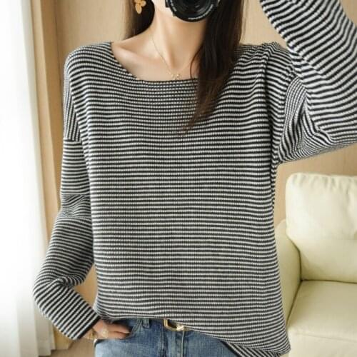 New Brand Autumn and Winter Women Cashmere Wool Blended Sweater Thickened O-neck Striped Pullover Warm Loose Knit Bottoming Coat