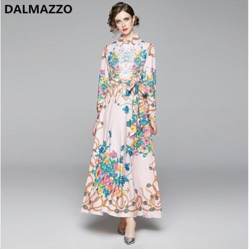 High-end Designer 2020 Newest Autumn Women Print Plus Size Dresses Womans Runway Printing Shirt Sleeve Lacing Long Dress 2XL