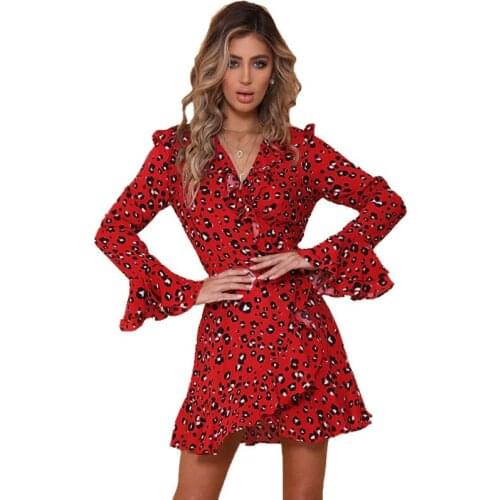 Leopard Print Dress Women New Spring Autumn Ruffle Mini Dress Female Sexy V-neck Long sleeve Short Irregular Dress Matching Belt