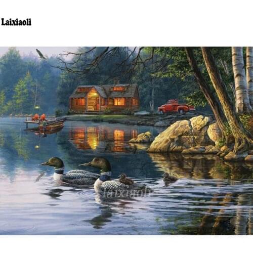 Full square round 5D DIY Diamond Painting Lake Ducks Embroidery village rural landscape Cross Stitch Rhinestone Mosaic decor art