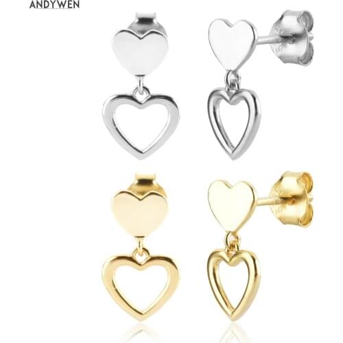ANDYWEN 925 Sterling Silver Love Heart Stud Earring Piercing Clips Luxury Jewelry Pendiente Jewelry Plain Drop France Wedding