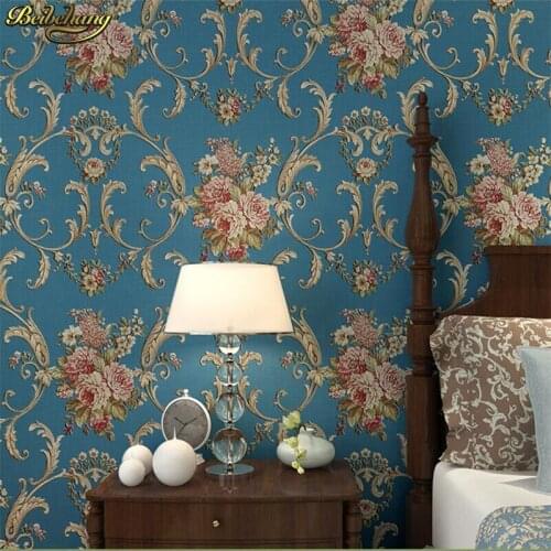 Beibehang American Village Retro Bedroom Ab Edition Wallpaper Stereo Living Room European Style Big Flower Blue Hearts Wall