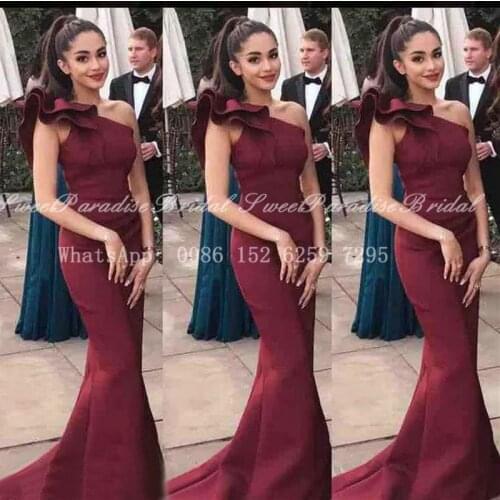 2020 Burgundy Long Mermaid Bridesmaid Dresses Ruffles One Shoulder Vestido De Fiesta De Boda Wedding Party Dress Prom Gown