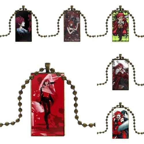 For Unisex Glass Pendant Necklace Handmade Half Pendant Rectangle Necklace Kuroshitsuji Black Butler Grell Sutcliff