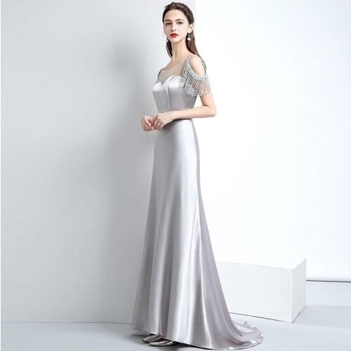 Elegant Silver Prom Dress Mermaid Satin Tassel Cap Sleeve 2021 Crystal Beaded Luxury Wedding Guest Party Celebrity Evening Gowns