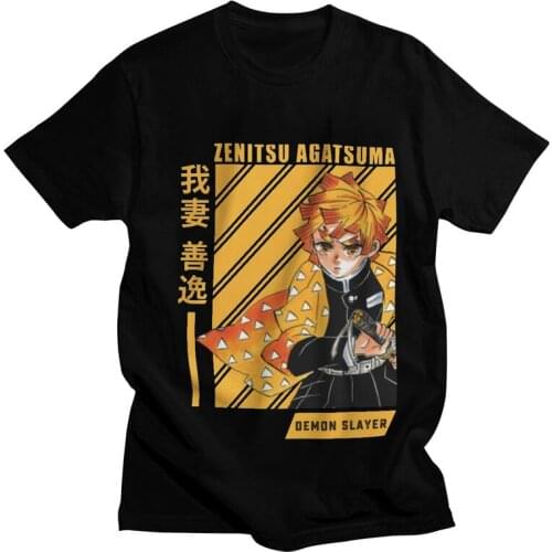 Vintage Zenitsu Agatsuma T Shirt Mens Cotton Print T-shirt Harajuku Tshirt Short Sleeve Demon Slayer Kimetsu No Yaiba Tee Tops