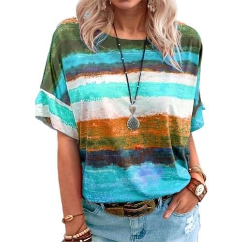 Women Blouse Contrast Color Print Summer Loose Round Neck T-shirt for Party Short Sleeve Loose T-shirt Plus Size for Daily Wear