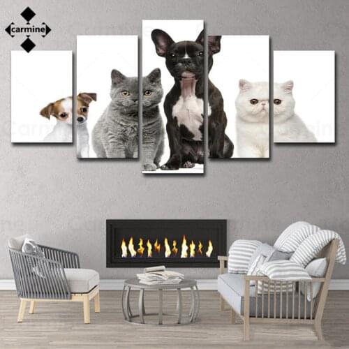 Cute Animals Cat Dog Painting 5 Pieces Hd Pictures Wall Canvas Painting Morden Realistic Wall Art Picture for Living Room Decor