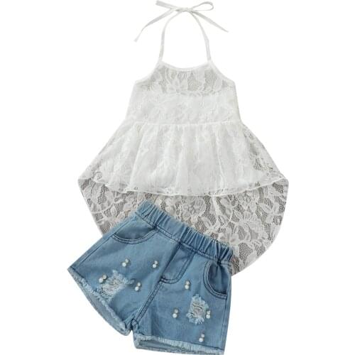 2Pcs Sweet Style Little Girls Outfit Summer Hanging Neck Irregular Hem Lace Sleeveless Tops + Ripped Denim Shorts Set
