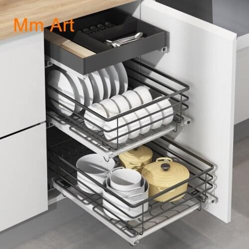 Misiku Kitchen Cabinet Stainless Steel Drawer Basket of Dishes Size Double-Layer Drawer Seasoning Fruit and Vegetable Basket