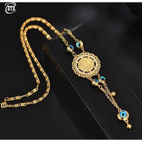 Muslim Islam Allah Chain Necklace New Fashion Gold Turkey Blue Eye Fatima Palm Necklac for Women Jewelry Wholesale Good Luck