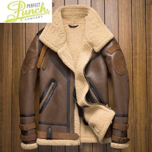 Shearling Sheep Jacket Mens Genuine Leather Jacket Men Motorcycle Aviation Flight Jacket Natural Wool Fur Coat 9167