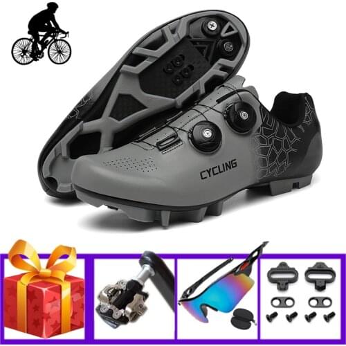Mens Cycling Shoes Rotating Button Self-locking Breathable Mountain Bike Footwear Add Pedals Sunglasses Sapatilha Ciclismo Mtb