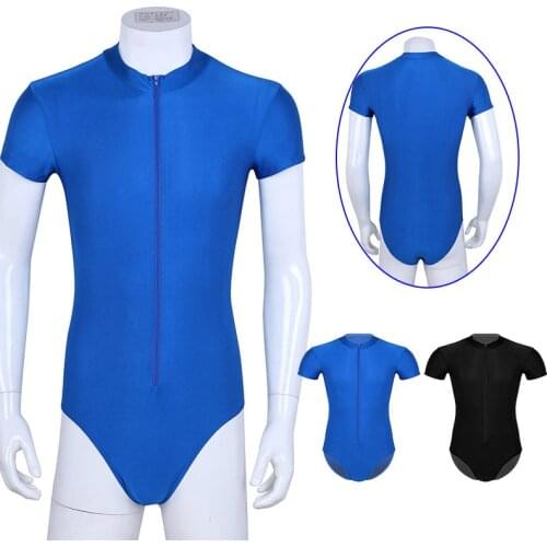 New Adult Male Ballet Leotard Mens Short Sleeve Unitard Bodysuit Dance Costumes Men Front Zipper High Cut Body Suit Dancewear