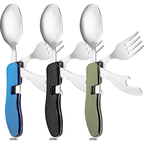 New-3 Pcs 4-In-1 Camping Utensils Folding Stainless Steel Spoon Fork Knife Bottle Opener Combination Set for Outdoor Travel