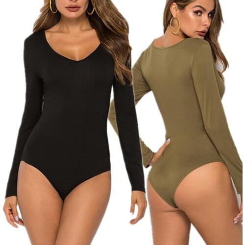 New Women Long Sleeve V Neck Bodysuits Jumpsuit Leotard Tops Stretch Solid Casual Body Femme Fall Winter Womens Clubwear