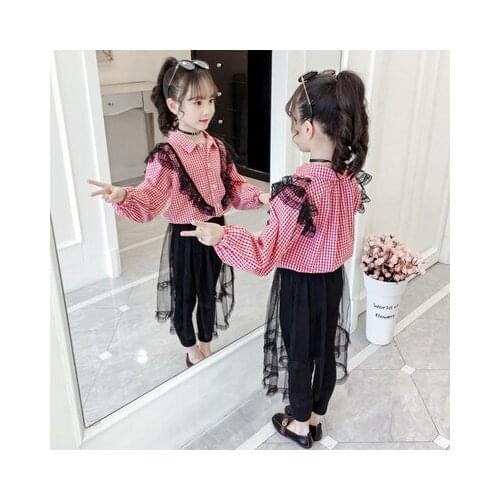 5-10 year children clothing spring and autumn two-piece casual lace lattice stitching long-sleeve off the big girl fashion suit