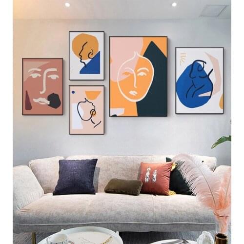 Post-Modern Abstract Scandinavian Canvas Paintings Nordic Colorful Face Line Drawing Poster Wall Art Picture for Gallery Decor
