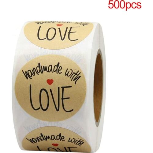 500pcs/lot Roll Handmade With Love Red Heart Kraft Labels Paper Stickers For DIY Manual Decoration Gift Card/Gift Box Etc