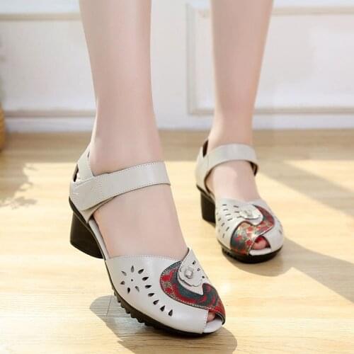 Retro Women sandals Embossed Genuine Leather Splicing Hollow Buckle Strap 4.5CM Square High Heels printing flower tacones mujer