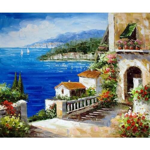 Mediterranean Landscape Decorative Art Oil Paint Painting Wall Painting on Canvas High Rise Bay Home Decor Art Thick Textured