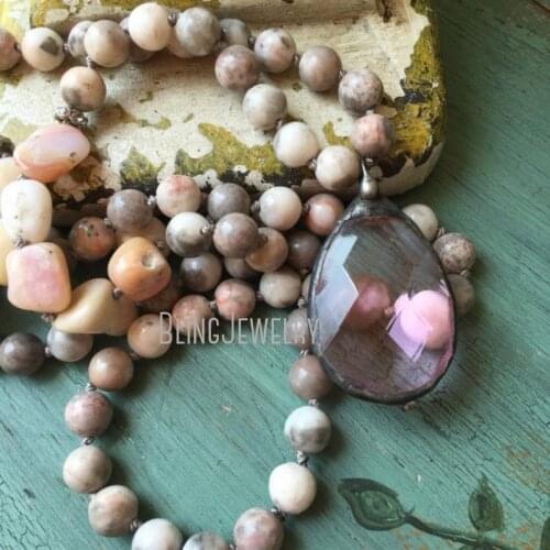 Boho RomanticHand Knot Unique Pink Jaspers Solder Crystal Pendant Shabby Boho Glam Accessory NM18449