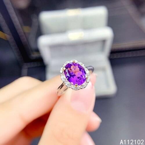 KJJEAXCMY fine jewelry 925 sterling silver inlaid natural Amethyst Girls delicate flower Chinese style gem ring support test