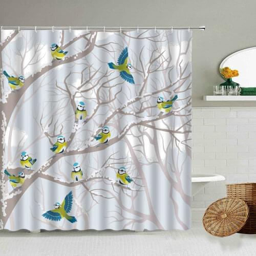 Bird Animal Shower Curtain Winter Forest Branch Creative Design Home Bathroom Wall Decor With Hook Set Hanging Screen Washable