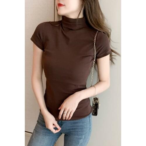 Women half high collar short-sleeved T-shirt new summer slim solid cotton bottoming shirt Korean vintage top