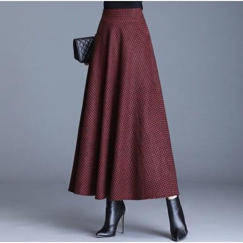 New Autumn Elegant Plaid Women Elastic Waist Long Maxi Woolen Skirt Winter Pockets Female Skirt Casual Cashmere Wool Skirt W1837
