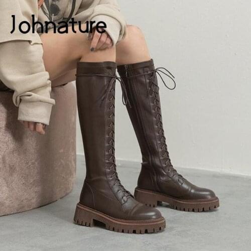 Johnature Long Boots Women Shoes Genuine Leather Zip 2020 New Lace-Up Winter Round Toe Fashion Concise Handmade Platform Boots