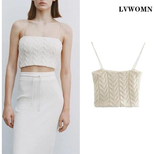 LVWOMN Za Women Sexy Solid Color Slim Sling Vest Crop Tops Women Casual Short Knitted Vest Chic Tops 2021 Summer T-Shirt