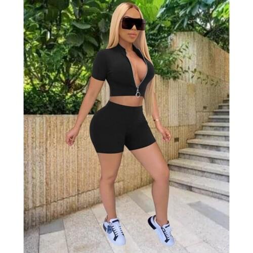 Shorts sets Summer Clothing Solid Short Sleeve Zipper V-neck Crop Top Two Piece Set Women Tracksuit Lounge Streetwear Wholesale