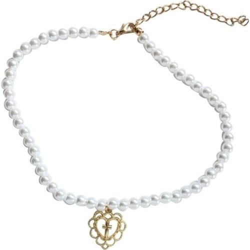 Punk Gothic Harajuku Pearl Chain Hollow Heart Shaped Pendant Retro Court Cross Choker Necklace Fashion Jewelry