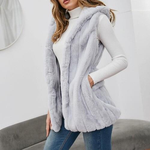 Winter Women Hooded Vest Sleeveless Faux Fur Coat Waist Tight Pockets Long Ladies Warm Vest Overcoat Outerwear