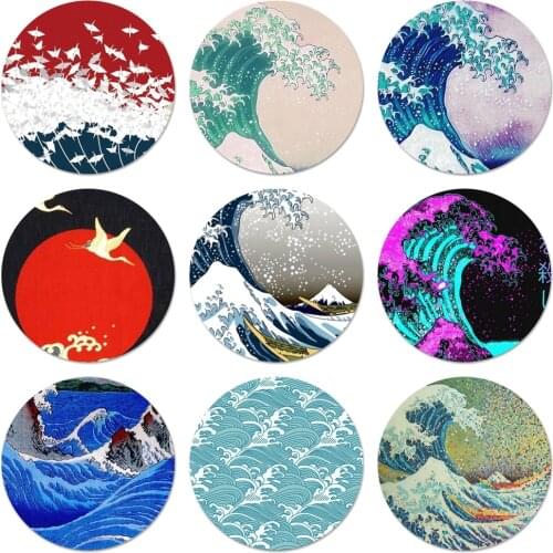 58mm Wave Art Japanese Green Illust Icons Pins Badge Decoration Brooches Metal Badges For Backpack Decoration