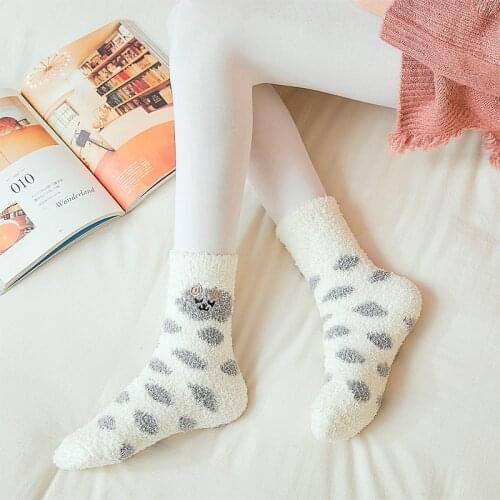 1 Pair New Winter Thickened Warm Sleep Women Socks Embroidery Plush Long Socks Coral Fleece Sheep Print Cute Soft Girl Socks