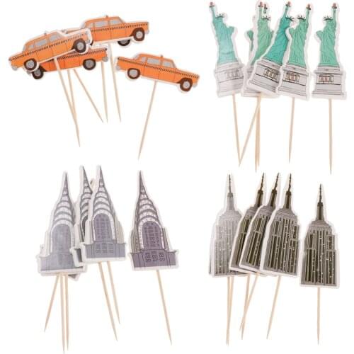 24pcs New York Empire State Yellow Taxi Statue Liberty Cupcake Topper Cake Decoration Wedding Birthday Baby Shower Food Picks